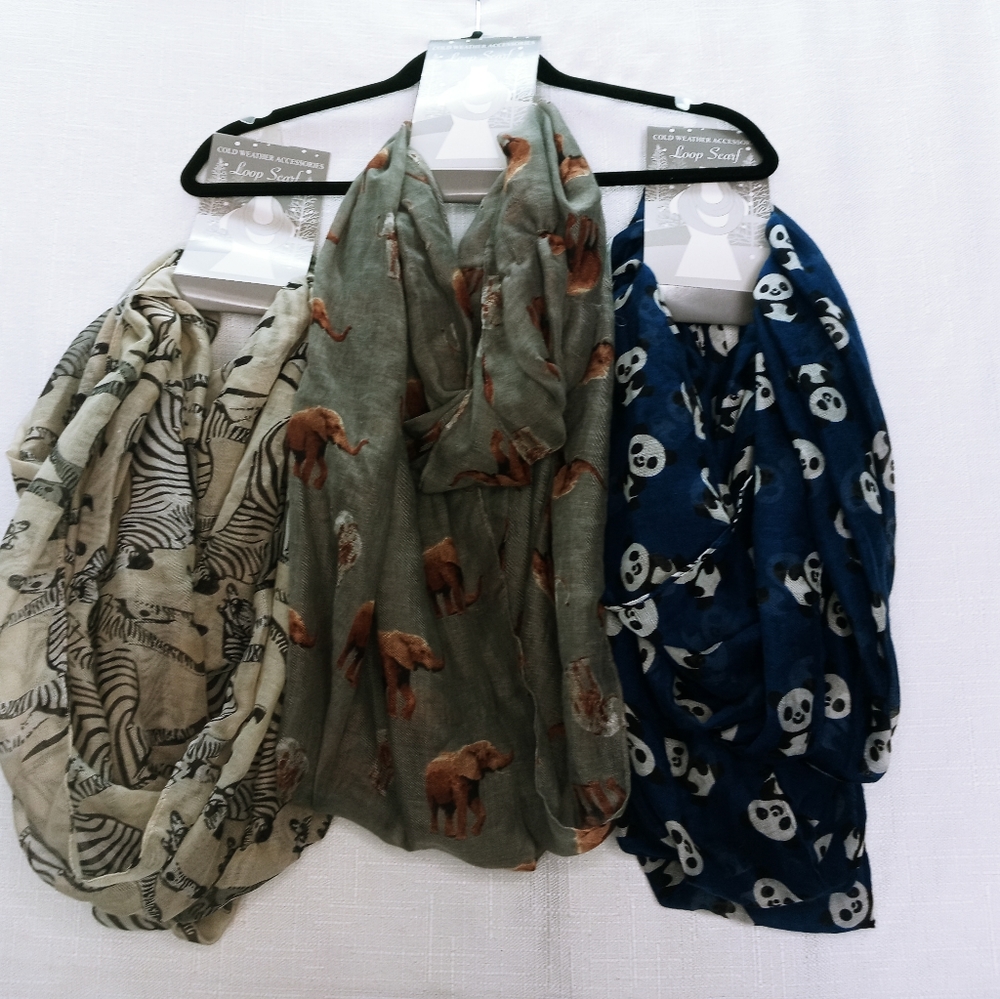 Animal print Infinity loop scarf lot of 3 elephant panda zebra